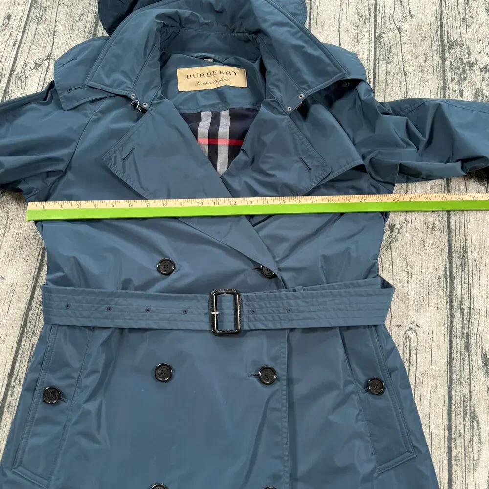 Burberry London Blue Trench Coat Women Hooded Belted Nova Check Lined Size 14 - Picture 8 of 16